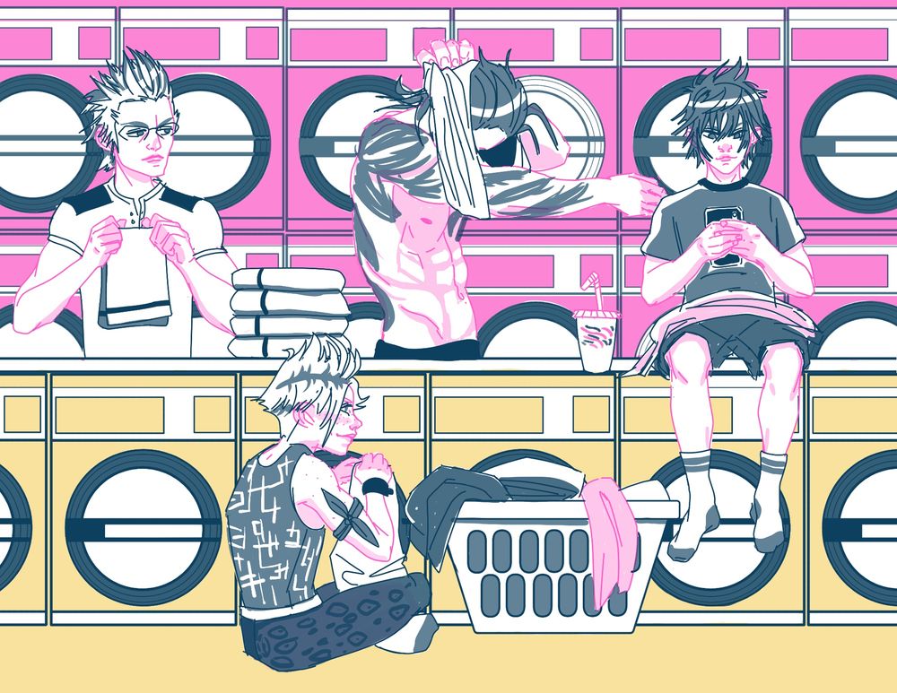 Digital art of FFXV chocobros doing laundry