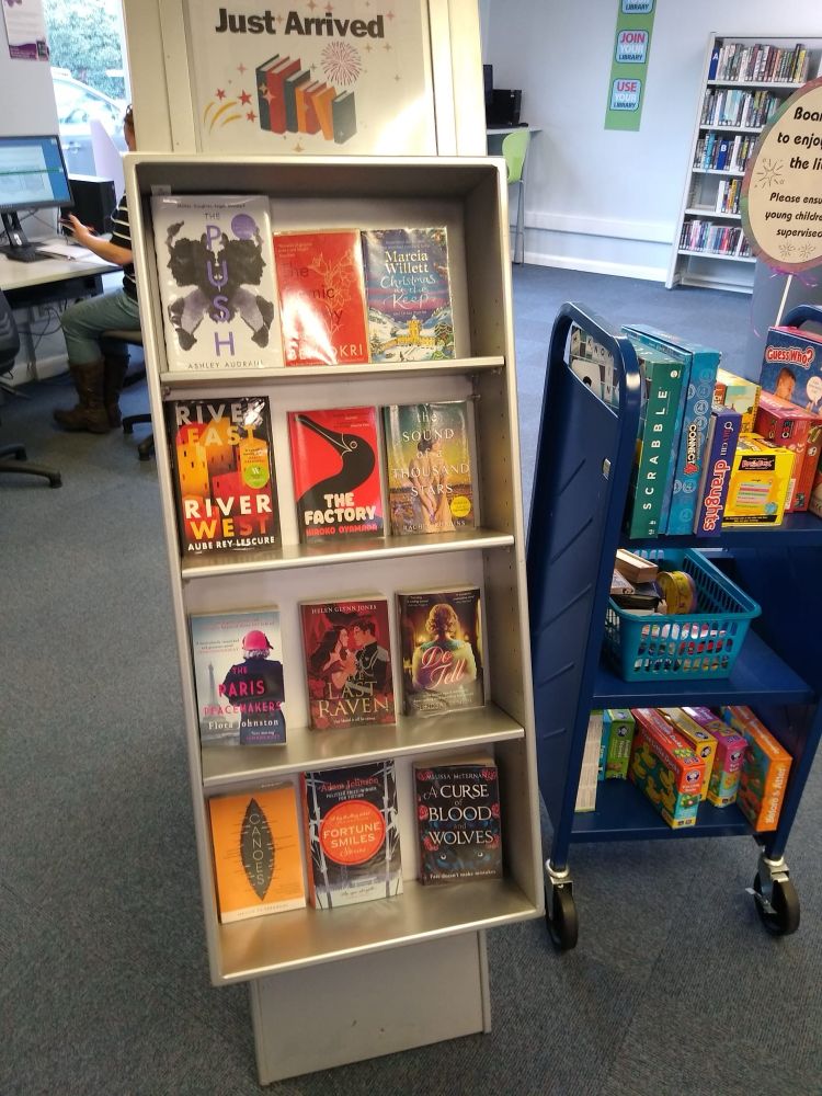 A display shelf of new arrival books at a library. The Last Raven is on the second shelf up, in the middle. 