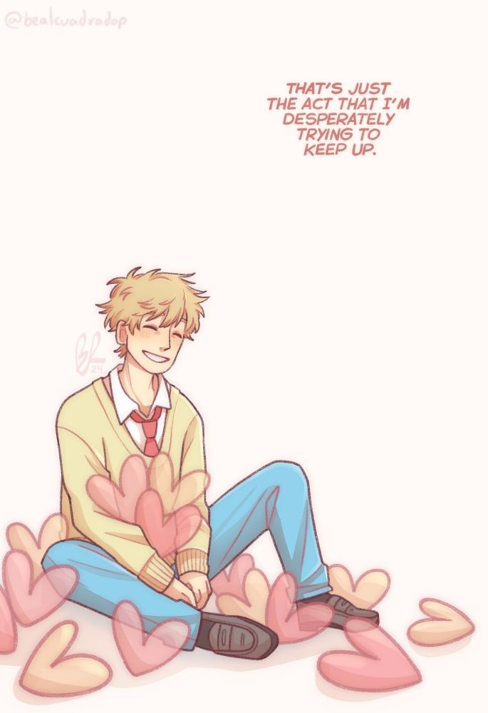 Shima Kun de skip to loafer siendo bonico con corazones en el suelo. Está sonriendo peor por dentro de siente to mal porque no puede ser él mismo y no se deja conocer porque le da miedo no gustar. Literalmente mi hijo