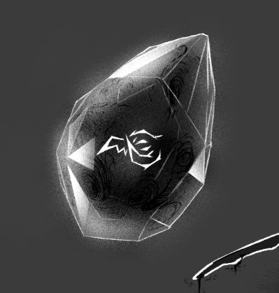 white crystalline dragonstone with inky tendrils swirling inside, a stylized logo of the dragon's head in its center.