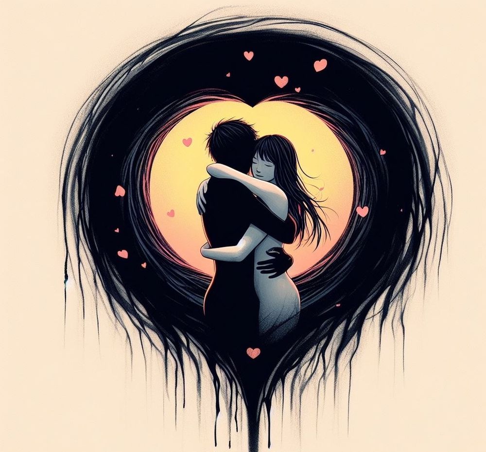 Two lovers embrace in front of a black hole