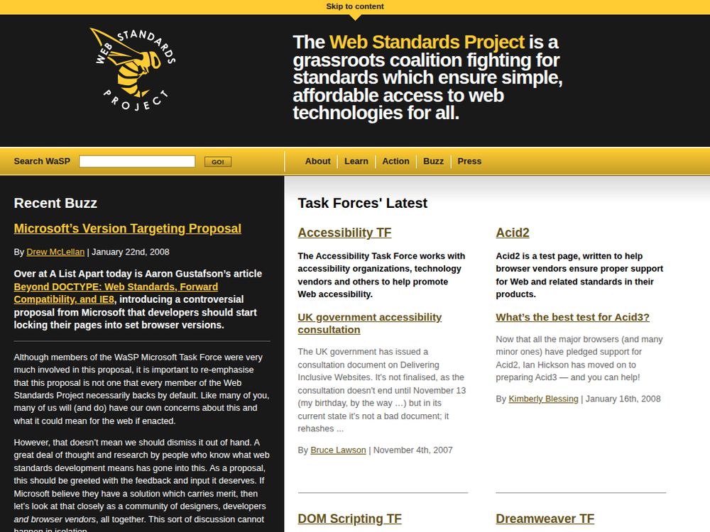 Screenshot of webstandards.org on January 27, 2008