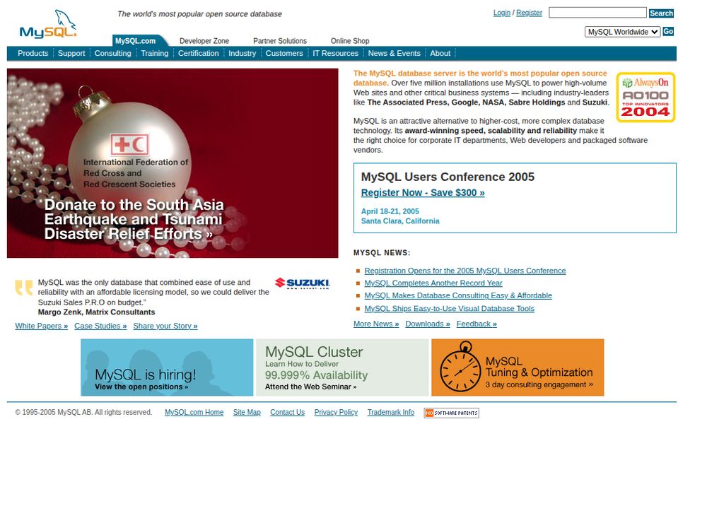 Screenshot of mysql.com on January 14, 2005