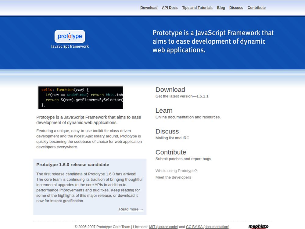 Screenshot of prototypejs.org on September 28, 2007