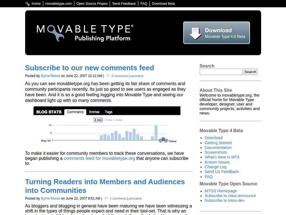 Screenshot of movabletype.org on June 23, 2007