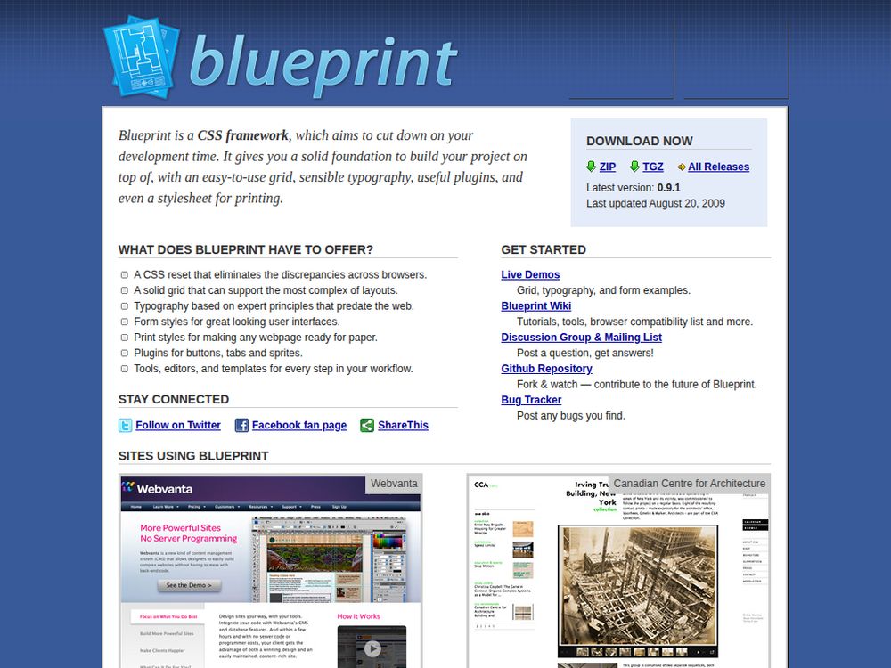 Screenshot of blueprintcss.org on January 11, 2010