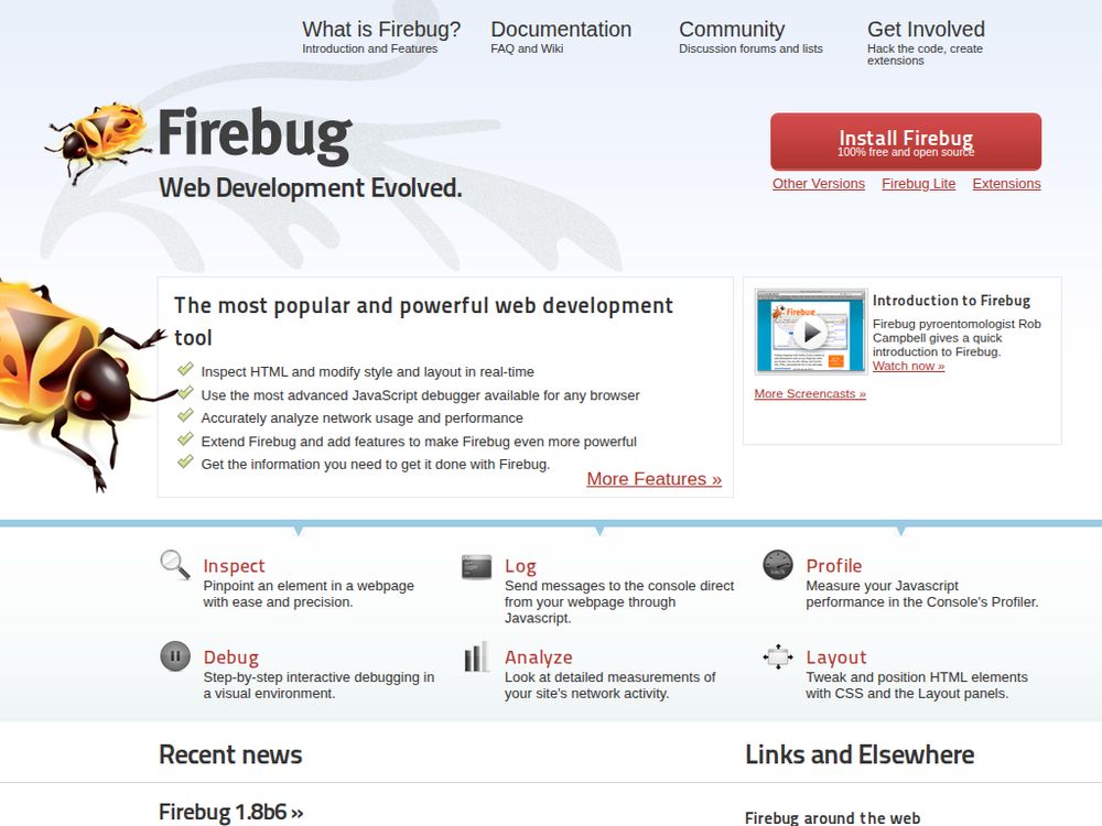 Screenshot of getfirebug.com on July 22, 2011