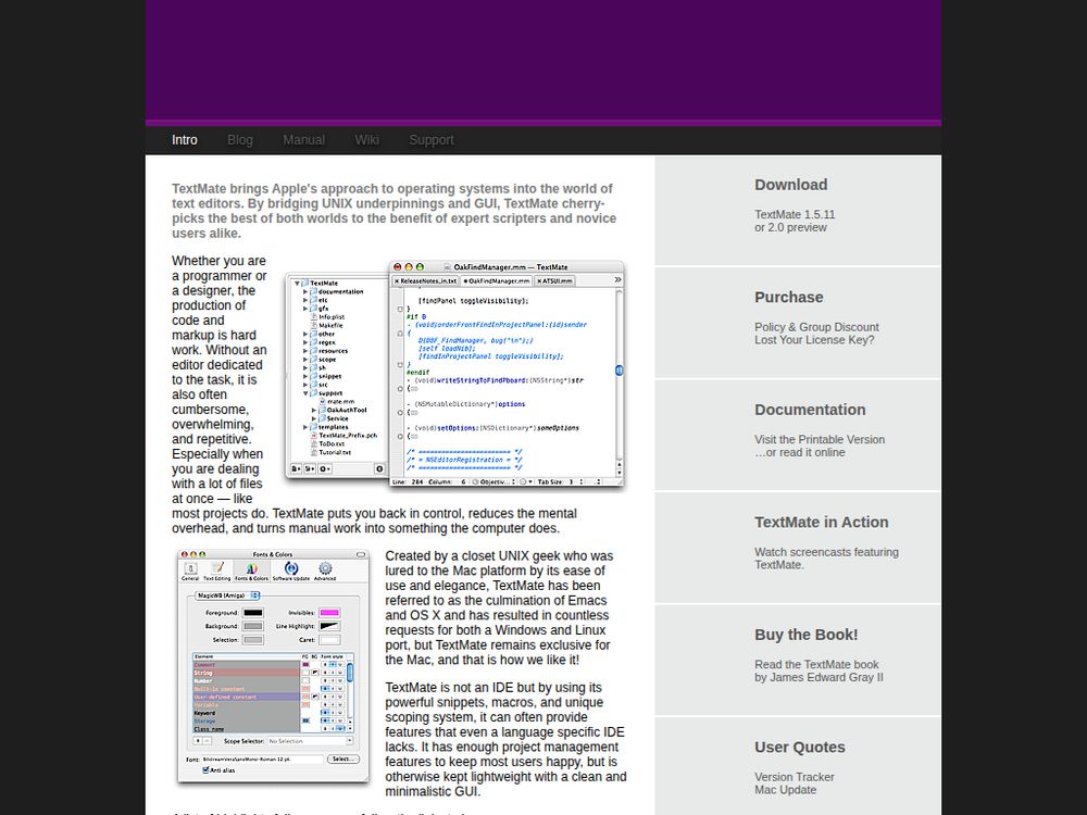 Screenshot of macromates.com on December 25, 2013