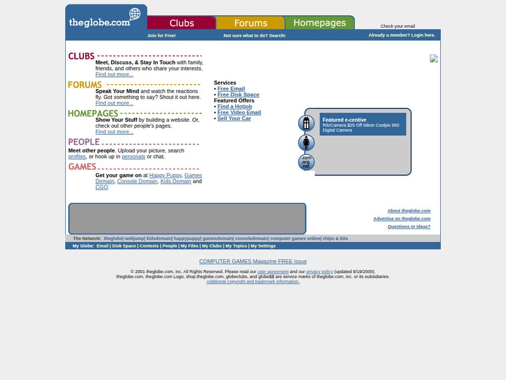 Screenshot of theglobe.com on May 22, 2001