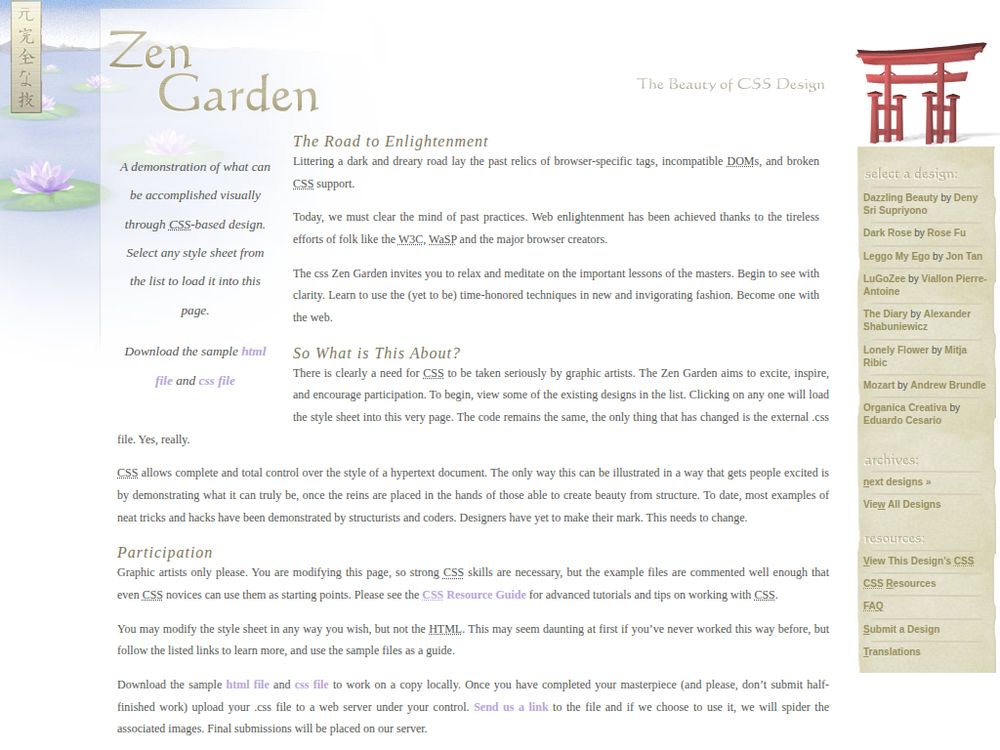 Screenshot of csszengarden.com on July 01, 2006