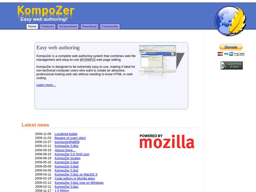 Screenshot of kompozer.net on November 15, 2009
