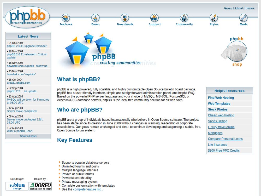 Screenshot of phpbb.com on December 14, 2004
