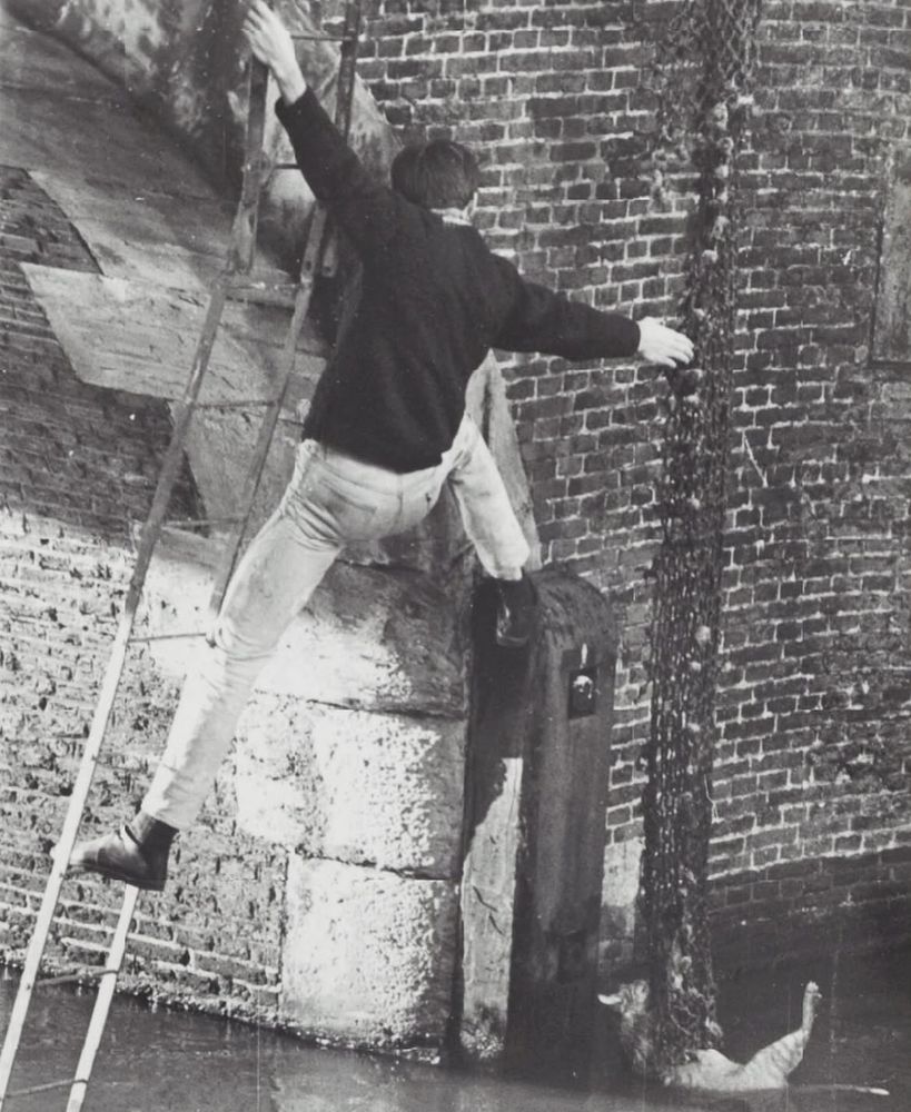 A man climbs down a ladder into a canal to save a cat that is holding onto the side of the canal