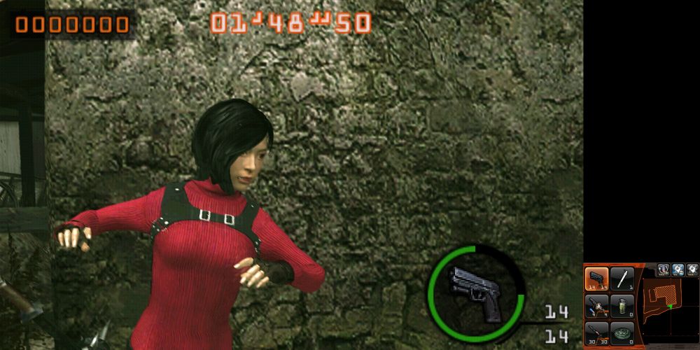 RE Mercs3D screenshot of fighting Zealots on the RE4 village stage. The character is modded to RE4R Ada she just shook off an enemy and is kinda facing towards the camera, but looking away a little bit.