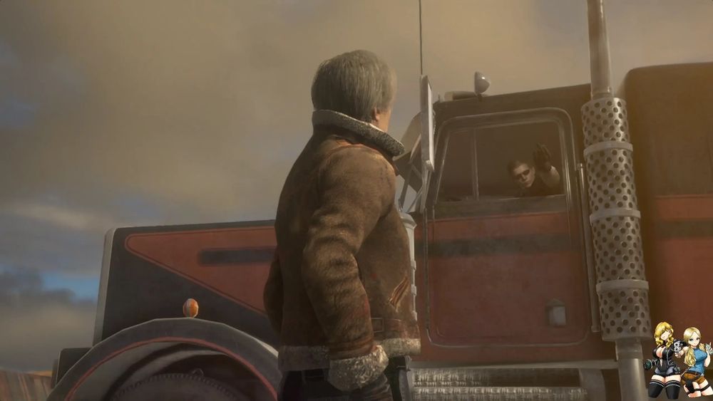 Screenshot of the RE2R true ending. Leon is standing outside, with a big red and black semi driving by. The trucker is flipping him off, bit it's Albert Wesker. Leon is wearing his re4 jacket from DBD 