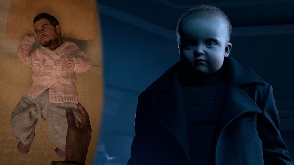 Two cropped re8 screenshots. One of Chris Redfield (on the right) and sleeping baby Rose (on the left) but their heads are swapped. And it looks cursed. 
