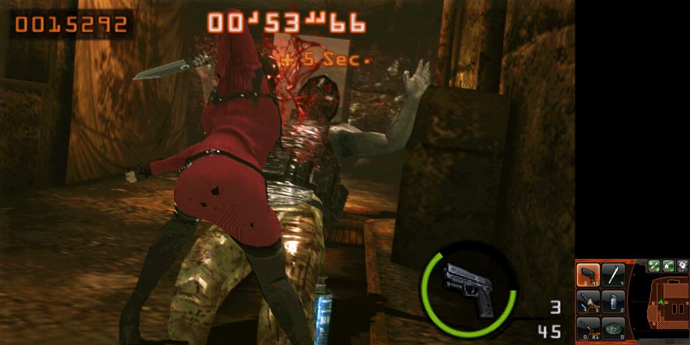 Screenshot of RE Mercs3D. character is modded to RE4R ada. She's punching a majini on the prison stage