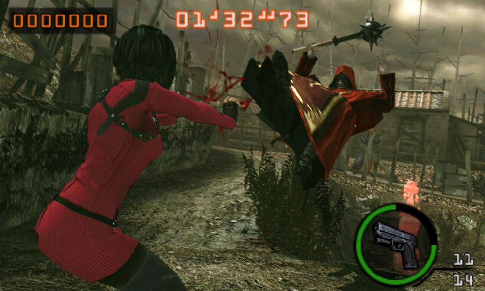 RE Mercs3D screenshot of fighting Zealots on the RE4 village stage. The character is modded to RE4R Ada using Rebecca's melee push move. camera is zoomed out a bit and the zealots are flying through the air