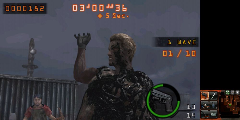 Screenshot of mercenaries 3D with the recreation of uroboros Wesker on the ship deck
