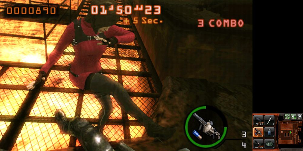 Screenshot of RE Mercs3D. character is modded to RE4R ada. She's kicking a majini on the prison stage