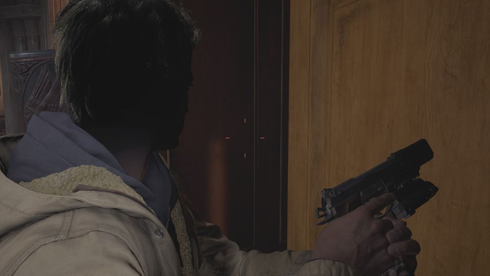 RE8 screenshot of Ethan in the 3rd person DLC mode. but his face has been hidden in the shadows, for he is too mysterious to be seen by mortals.