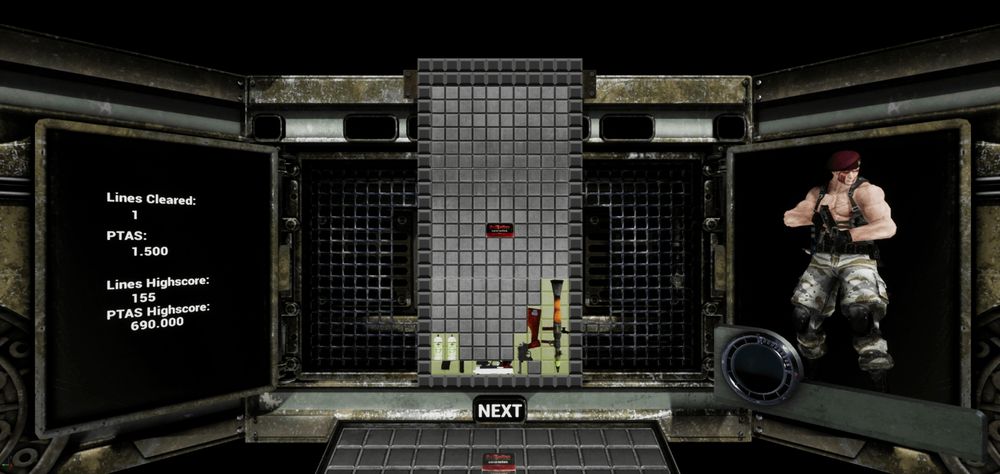 Screenshot of Jack Krauser in RE4 Tetris Edition. Screenshot is of an older version of the project, on the left is the scoreboard with highscore, in the middle the playing field and on the right the character. At the bottom is the next "block"/item
