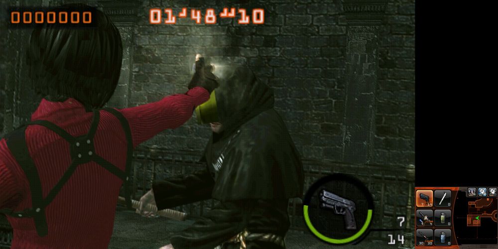 RE Mercs3D screenshot of fighting a Zealot on the RE4 Castle stage. The character is modded to RE4R Ada using Rebecca's Tear Spray melee move.