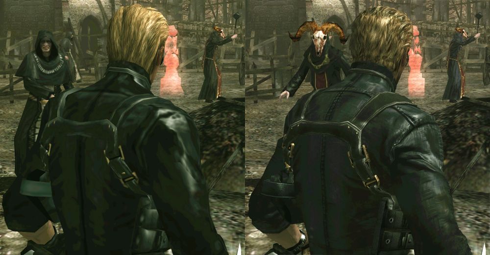 Comparison screenshots of Wesker in mercenaries 3D between the original and HD project versions. HD Wesker midnight on the right