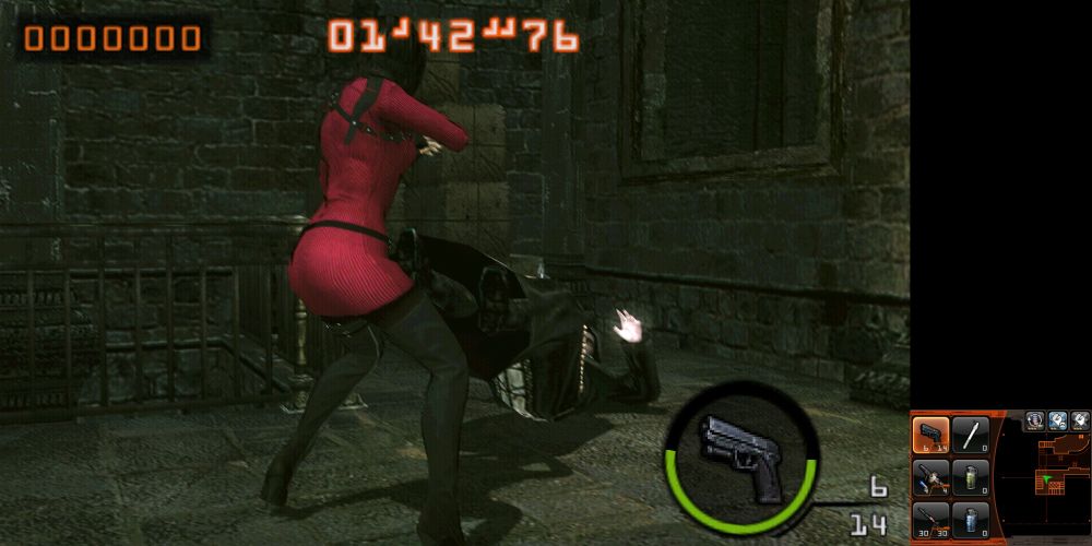 RE Mercs3D screenshot of fighting a Zealot on the RE4 Castle stage. The character is modded to RE4R Ada using Rebecca's melee punch move. camera is zoomed out a bit and the zealot is on the floor