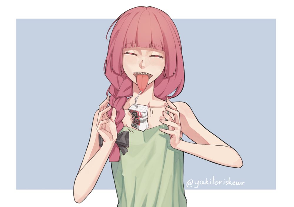 Kikuri sucking on straw and make it hang from her tongue