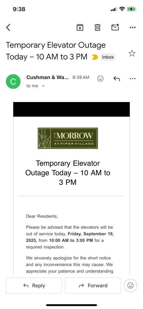 Notice from my Cushman and Wakefield landlords saying, effective immediately, we’d have no working elevators for five hours b/c of a routine inspection.