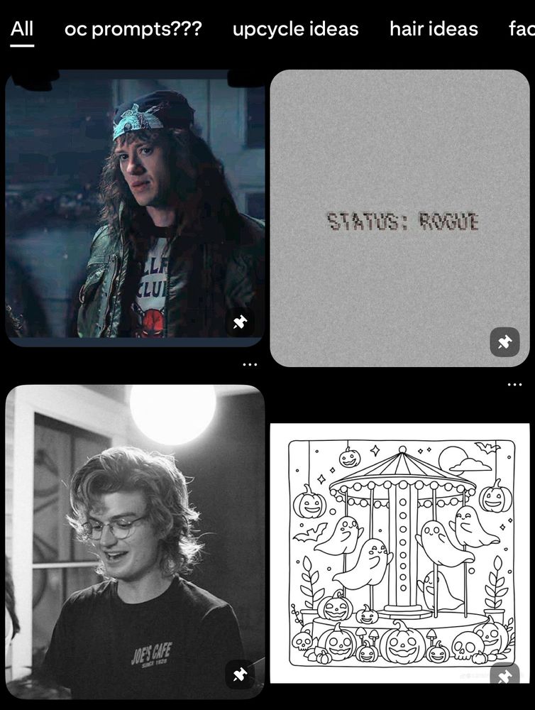 screenshot of pinterest showing four pins in a grid. top left is a still of eddie munson wearing a bandana in the upside down. top right is glitch text that reads “status: rogue”. bottom left is a black and white picture of joe keery with long hair and glasses. bottom right is a blank Halloween coloring page with a carosel of cute ghosts surrounded by Jack-o-lanterns