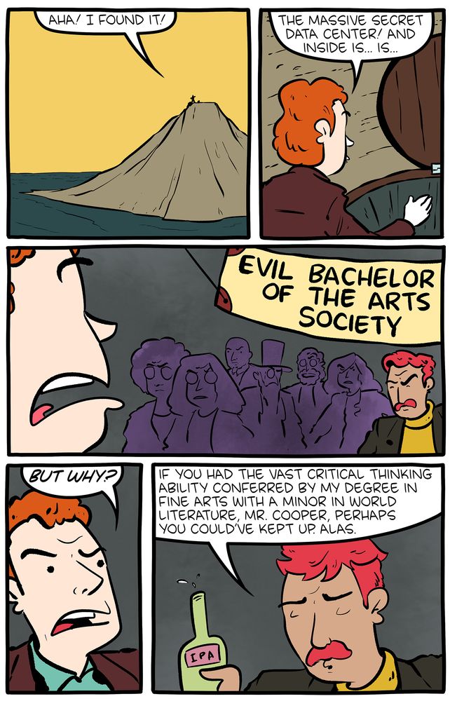 Part 1 of a 15-panel SMBC comic update showing the plans of the Evil Bachelor of the Arts Society.