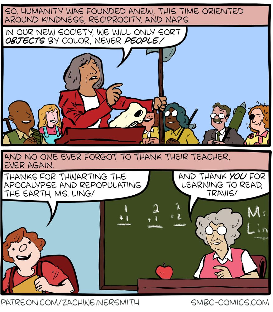 Part 4 of an 11-panel SMBC comic update where aliens attack Earth with an alien virus, and kindergarten teachers discover they have immunity from it due to being sneezed on by children for 20 years. The teachers fight back.