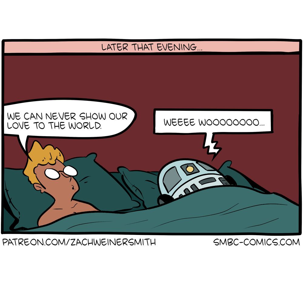 Part 2 of a 4-panel SMBC comic update where two people discuss the fact that there are no sexbots in Star Wars, only droids. As far as they know, anyways.