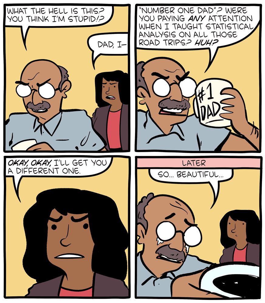 Part 1 of a 5-panel SMBC comic update where a woman gives her father a "#1 Dad" mug, which he refuses for a more exact mug.