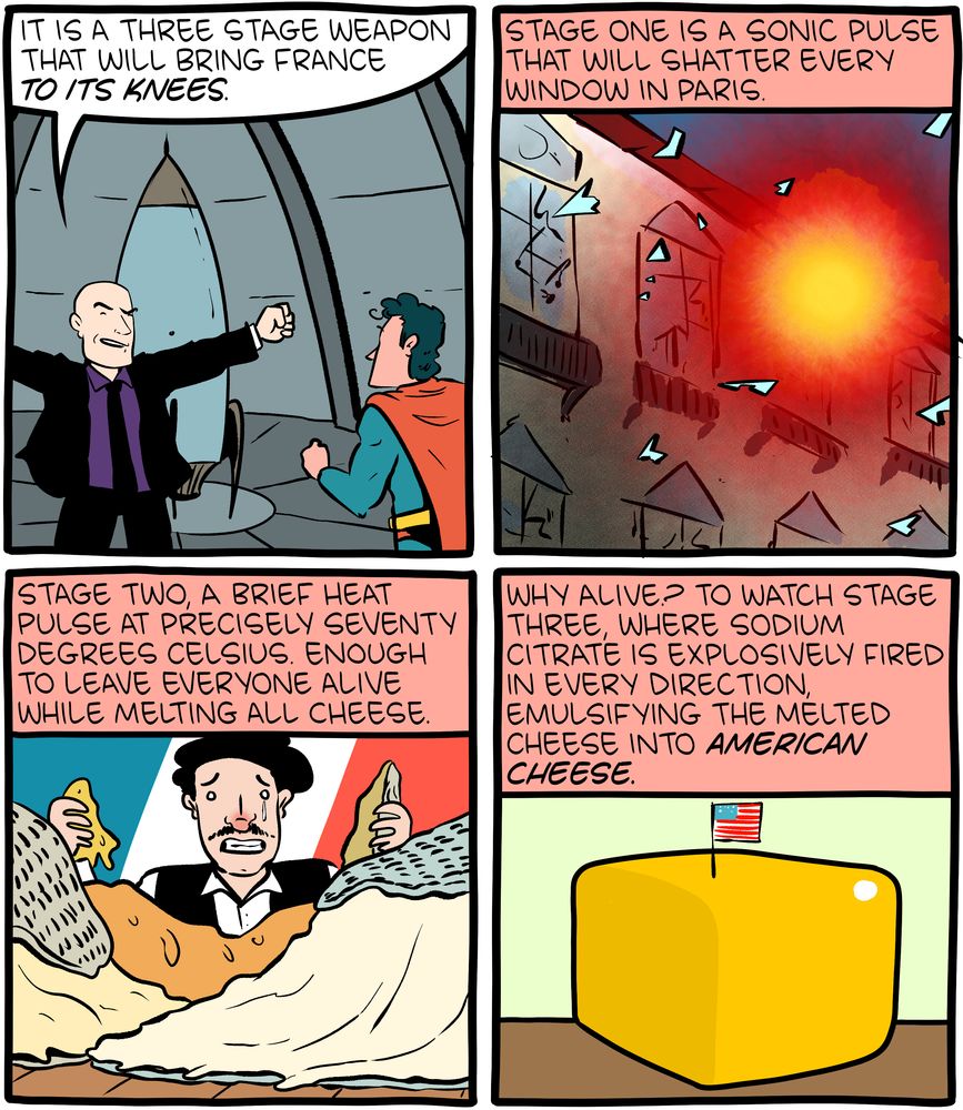 Part 1 of a 7-panel SMBC comic update where Lex Luthor threatens to use weaponry that will turn all the cheese in France into American cheese. Superman is fine with it.