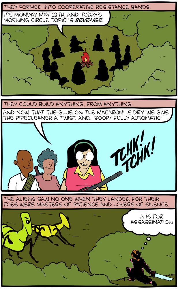 Part 2 of an 11-panel SMBC comic update where aliens attack Earth with an alien virus, and kindergarten teachers discover they have immunity from it due to being sneezed on by children for 20 years. The teachers fight back.
