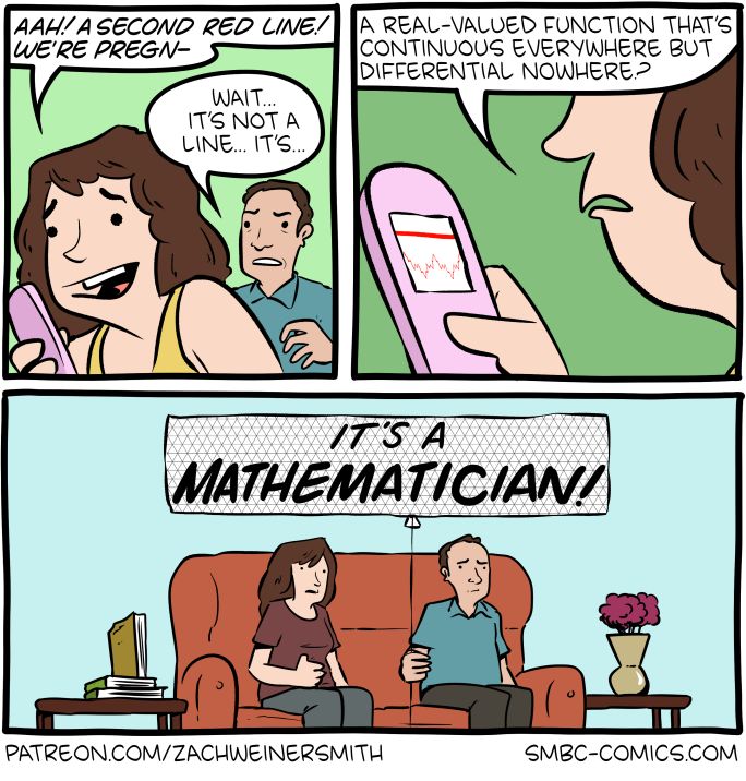 3-panel SMBC comic update where a pregnancy test reveals to a couple that they await the arrival of a mathematician by replacing the usual "+" symbol with a real-valued function that's continuous everywhere but differential nowhere.
