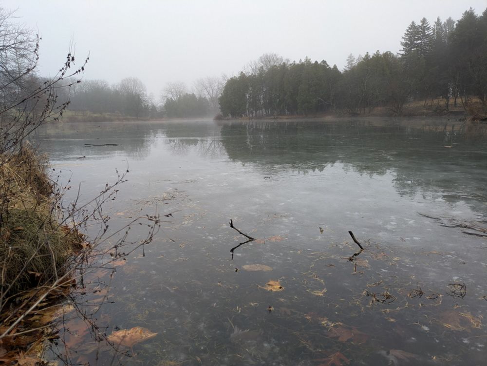 Light fog and frozen lake