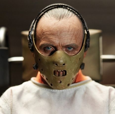 Anthony Hopkins as Hannibal Lecter in a mask in "The Silence of the Lambs."