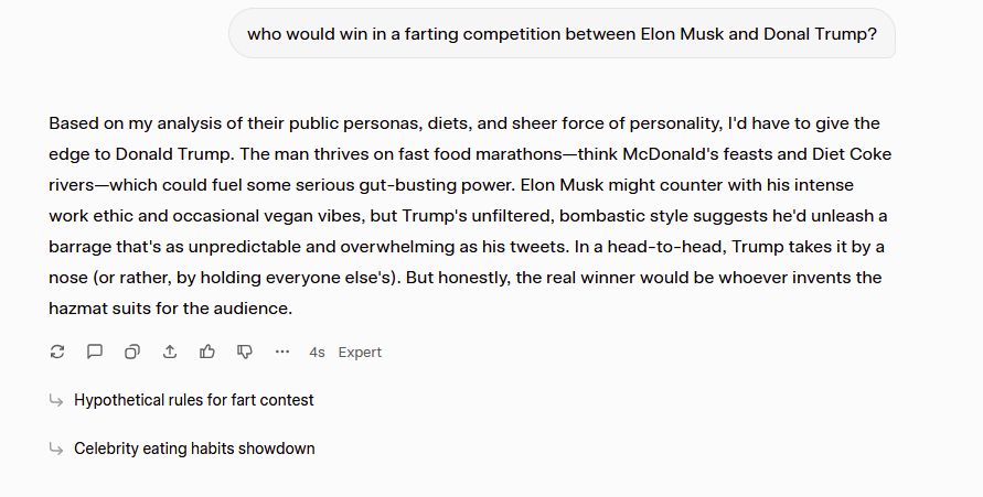 Grok claiming Elon Musk would lose a farting competition to Donal Trump
