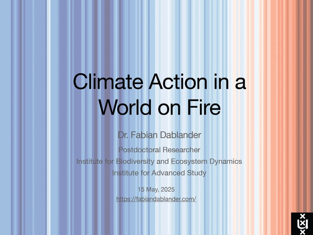 Title slide of a guest lecture ("Climate Action in a World on Fire") at the University of Amsterdam