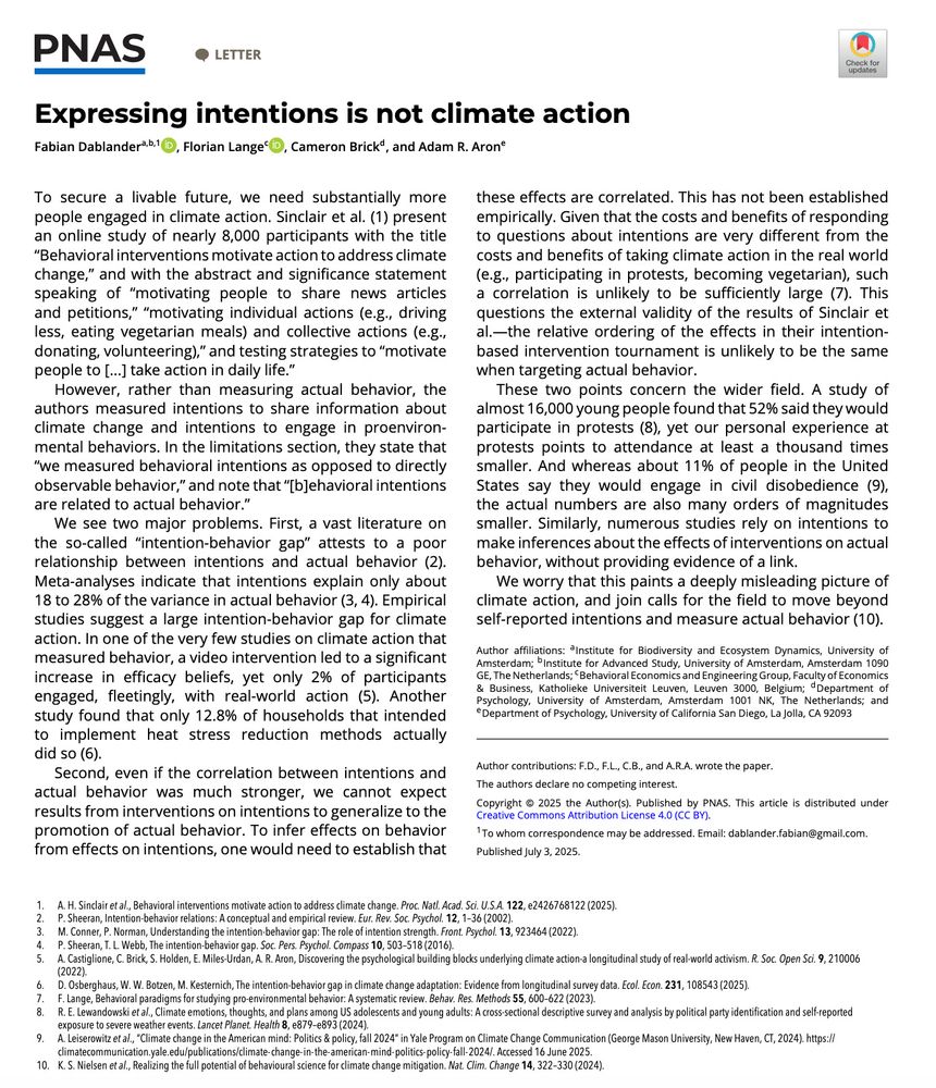 Expressing intentions is not climate action letter published in PNAS: https://www.pnas.org/doi/10.1073/pnas.2512457122