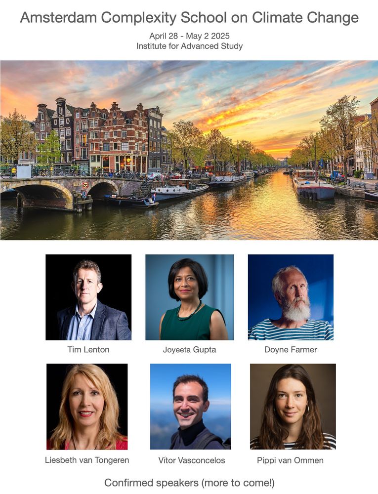 Information on the Amsterdam Complexity School on Climate Change, including dates (April 28 - May 2) and confirmed speakers so far (Tim Lenton, Joyeeta Gupta, Doyne Farmer, Liesbeth van Tongeren, Vitor Vasconcelos, Pippi van Ommen)
