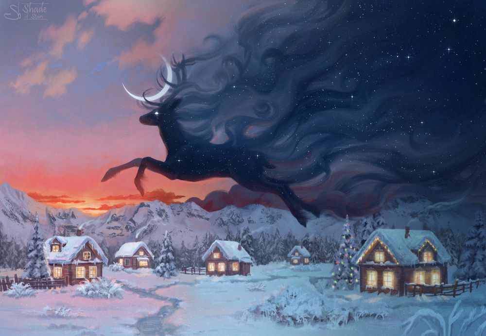 A peaceful winter scene in a small village. In the sky a deer that looks like night divides the illustration in two parts - one is sunset, and the other behind the deer is night. A thin crescent moon is located between deer's horns. 