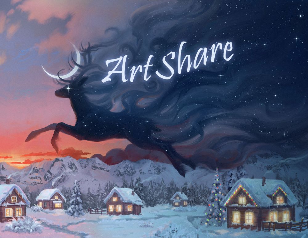 An image with the text "Art Share" over it/ An image is a painting of a peaceful winter scene in a small village. In the sky a deer that looks like night divides the illustration in two parts - one is sunset, and the other behind the deer is night. A thin crescent moon is located between deer's antlers. 
