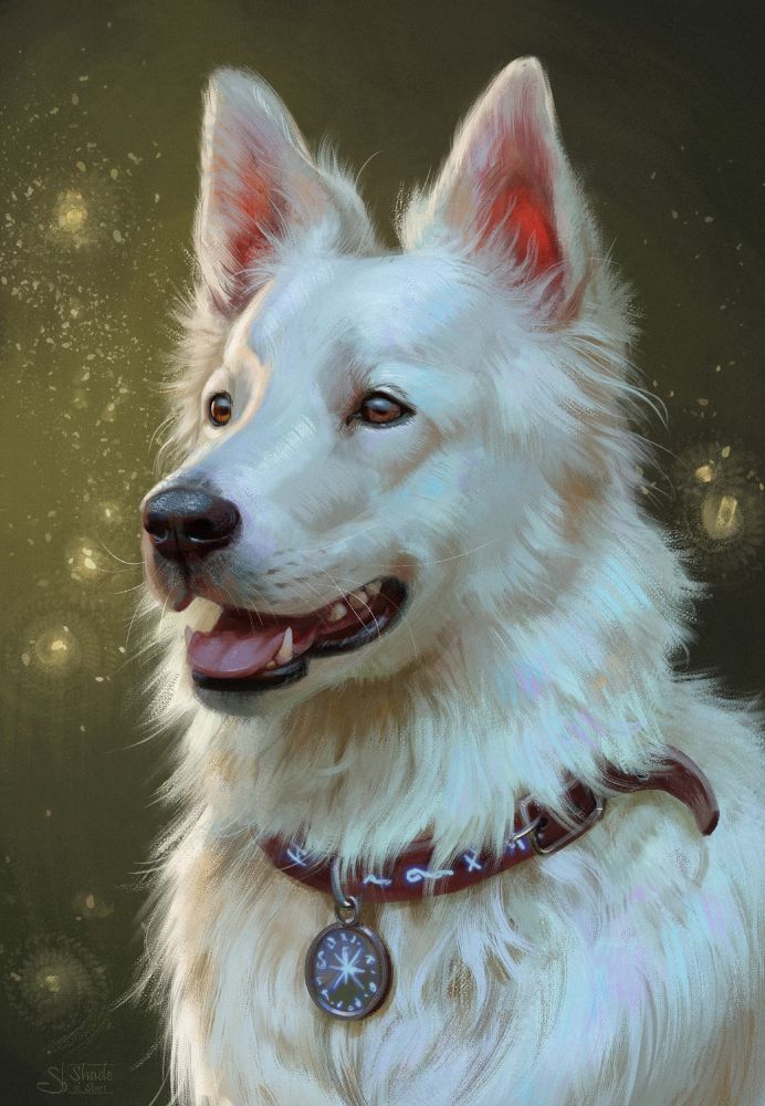 Portrait of the white dog Skretch from the game Baldur's Gate 3. 