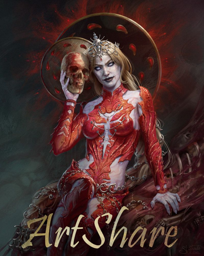 An image with text "Art Share" over it. An artwork of Orin the Red from the game "Baldur's Gate 3", she is sitting on a pile of bones. She smiles and holds one skull close to her face.