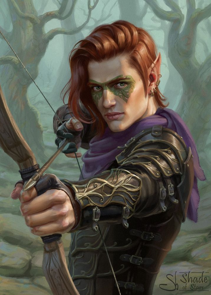 Fan art of the game Baldur’s Gate 1. Red haired elf archer named Coran aiming his bow at the direction of the viewer. His eyes are green, there is a green paint around his eyes, he wears intricate leather armor and a small purple scarf around his neck.